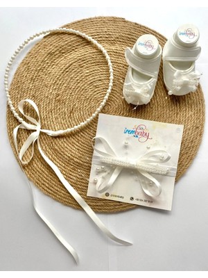 İrembaby Anne Bebek Lohusa Seti Beyaz Incili Özel Tasarım Lohusa Tacı Bebek Ayakkabısı Bebek Saç Bandı