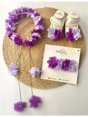 İrembaby Anne Bebek Lohusa Seti Mor Lila Çiçekli Lohusa Tacı Bebek Ayakkabısı ve Bebek Saç Bandı Lohusa Takım