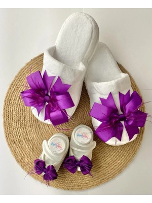 İrembaby Anne Bebek Lohusa Seti Mor Tüylü Fiyonklu Terlik ve Bebek Ayakkabısı Lohusa Takımı Çekim-Mevlüt