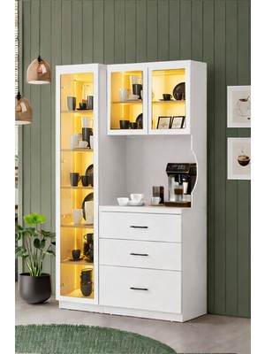Setay Vitrinli Ünite, Liveo Kahve Köşesi + Çok Amaçlı Raflı Tek Kapaklı Dolap - Beyaz