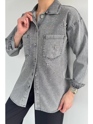 Gülseli Çift Cepli Taşlı Kot Jean Ceket P-00012664