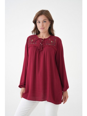 Mermaya Yaka Bağlamalı, Etamin Desen Nakışlı, Bürümcük Bluz