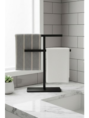 Grandmix Mat Siyah Metal Tezgah Üstü Havluluk Çift Kollu Banyo ve Mutfak El Havlusu Askısı