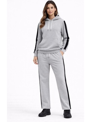 Luz&Pos Kadın Yandan Şeritli Eşofman Takım Kapüşonlu Sweatshirt Boru Paça Alt, Oversize 3 Iplik Pamuklu - Gri