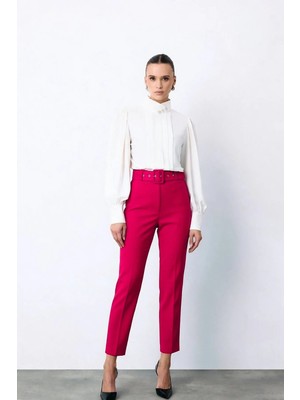 Sateen Yüksek Bel Kemerli Pantolon - Fuşya