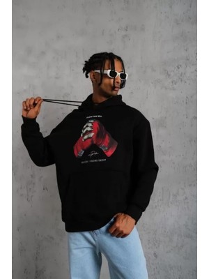 Erkek Eldiven Baskılı Kapüşonlu Sweat - Siyah