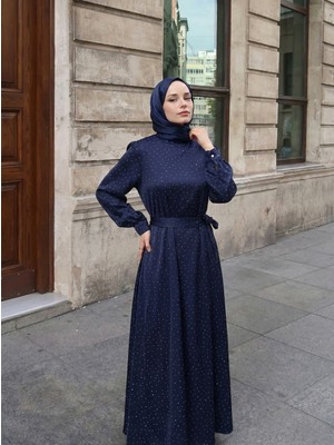 Miostil Saten Taşlı Elbise-Lacivert