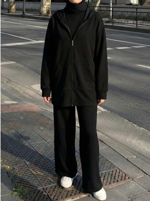 Miostil Kapşonlu Fermuar Detay Hırka-Siyah