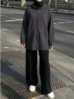 Miostil Kapşonlu Fermuar Detay Hırka-Antrasit