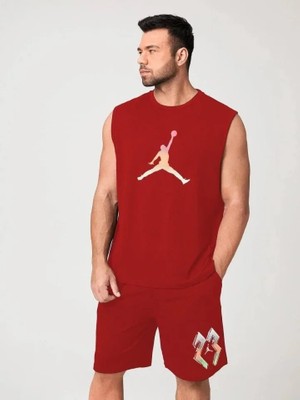 Erkek Sırt Baskılı Sıfır Kol Ikili Şort Takım - Kırmızı