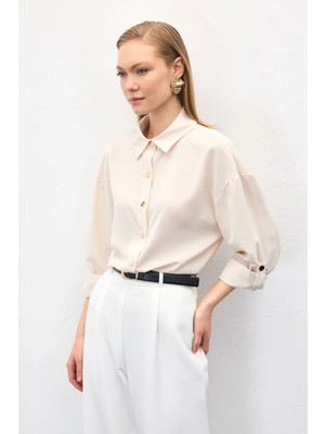 Sateen Çıtçıt Detaylı Gömlek - Bej