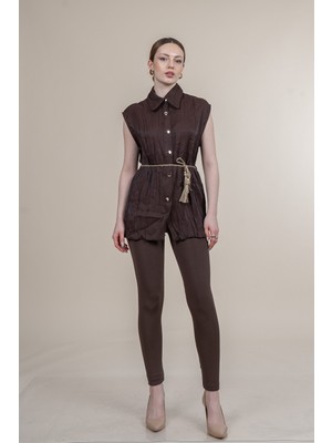 MissVina Geniş Omuz Gömlek Yaka Hasır Ip-Kuşak Detaylı Düğmeli Bluz 70055