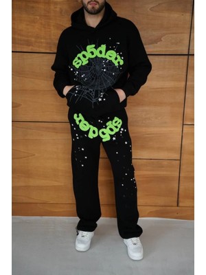 Erkek Kapüşonlu Eşofman Takım Örümcek Ağı ve Neon Yeşil Baskılı Kanguru Cepli Oversize Rahat Kalıp, Premium Üç Iplik Kumaş - Siyah
