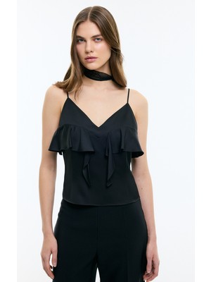 ROMAN V Yaka Ince Askılı Volan Detaylı Bluz Siyah YY013012_001