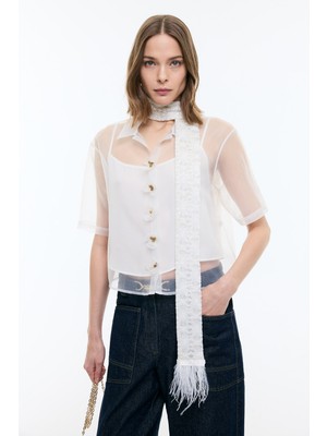 ROMAN Çiçek Motifli Kısa Kol Organze Gömlek Beyaz YY013530_002