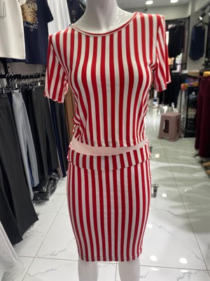 Aslami Tekstil Kırmızı - Beyaz Çizgili Kadın Crop Bluz Mini Kalem Etek Ikili Takım - Esnek Pamuklu Günlük Set