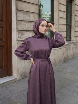 Miostil Saten Taşlı Elbise-Gül Kurusu