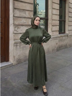 Miostil Saten Taşlı Elbise-Haki