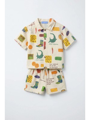 Magu Erkek Çocuk Pamuklu Bej Just Vibing Baskılı Gömlek ve Şort Takım