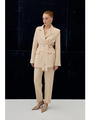 Sateen Yüksek Bel Klasik Pantolon - Bej