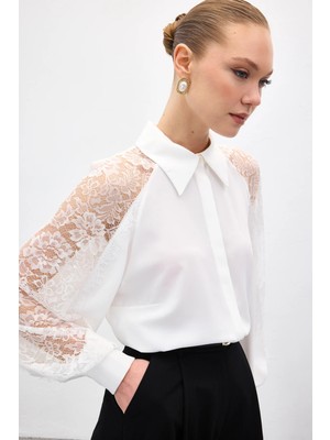 Sateen Kolları Dantel Detaylı Gömlek - Ekru