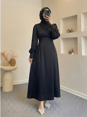 Miostil Kuşak Aksesuar Detay Saten Elbise-Siyah