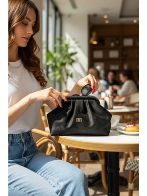 Kadın Siyah Yansımalı Saten Süet Yumuşak Suni Deri Askılı Clutch Portföy Günlük / Abiye Çanta
