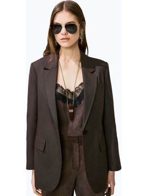 ROMAN Keten Tek Düğmeli Blazer Ceket Kahve YY016007_005