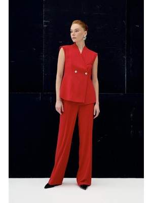 Sateen Anna Çizgili Pantolon - Kırmızı