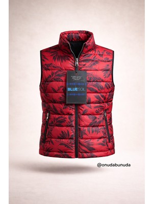 Bluesoil Erkek Şişme Yelek Slim Fit Kırmızı Tropikal Desenli – Fermuarlı Hafif Dolgulu Günlük Spor Outdoor Yelek