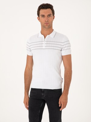Cacharel Erkek Beyaz Slim Fit %100 Pamuk Fermuarlı Polo Yaka Triko T-Shirt 50300821-VR013