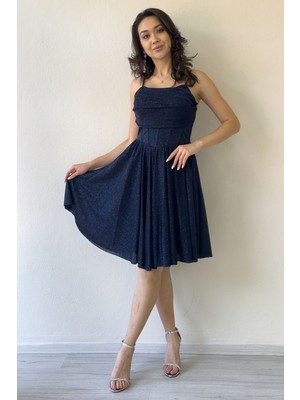 Thezkscom-Kadın Simli Drape Detay Askılı Mini Kloş Abiye Elbise Indigo, Siyah, Lacivert