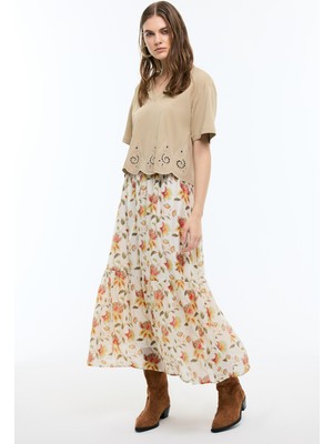 ROMAN Çiçek Desenli Beli Lastikli Midi Boy Etek Standart Renk YY015070_089