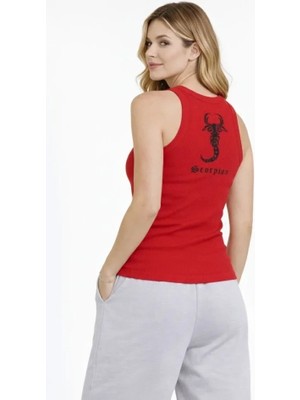 Fitilli Atlet Sıfır Yaka Slim Fit Arka Baskılı Spor Atlet - Kırmızı