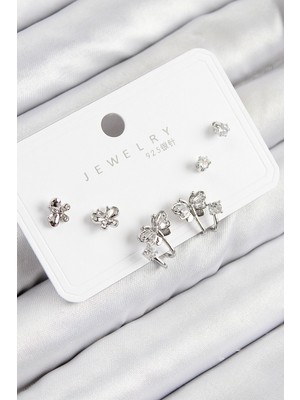 Luz&Pos Pirinç Zirkon Taşlı Kelebek Model Gümüş Renk 925 Ayar Gümüş Çivi Kadın Küpe Set