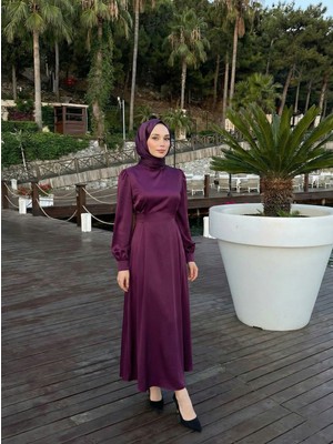 Miostil Kuşak Aksesuar Detay Saten Elbise-Mürdüm