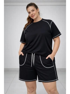 Battal Beden Kısa Kollu Tişört Şort Takım Kontrast Dikiş Detaylı Günlük Ev Giyimi - Siyah
