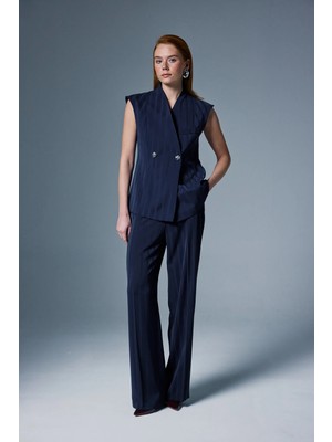 Sateen Anna Çizgili Pantolon - Lacivert