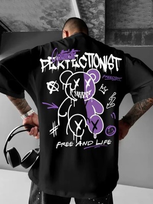 Baskılı Oversize Bisiklet Yaka T-Shirt - Siyah