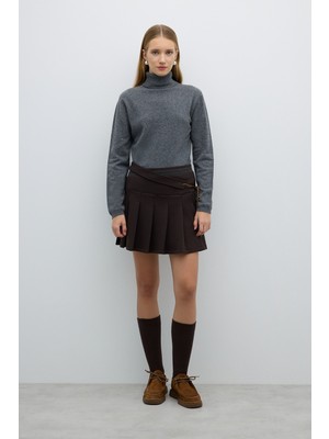 ROMAN Tiktak ve Kordon Detaylı Pileli Mini Şort Etek Kahve K2625005_005