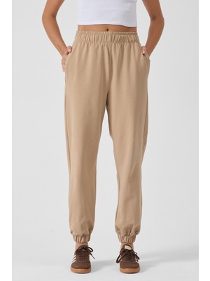 Hdm Kadın Bej Yüksek Bel Lastikli Paça Bağcıklı Rahat Kalıp Jogger Eşofman Altı - H5991