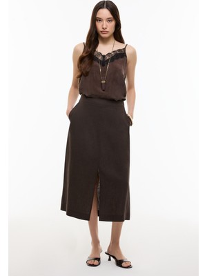 ROMAN Yırtmaç Detaylı Keten Midi Etek Kahve YY015043_005