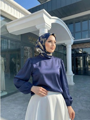 Miostil Arka Fermuar Detay Saten Tunik-Lacivert