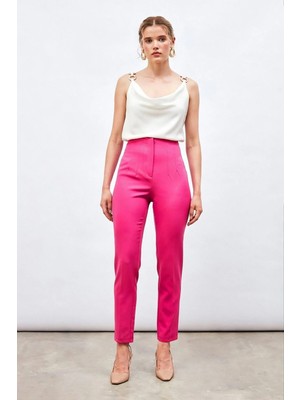 Sateen Yüksek Bel Pensli Pantolon - Fuşya