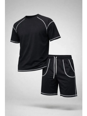 Luz&Pos Erkek Spor Tişört Şort Takım Kontrast Dikiş Detaylı Ovarsize Rahat Kalıp - Siyah
