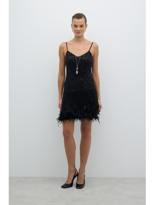 ROMAN Siyah Cam Boncuk Detaylı Askılı Mini Elbise Siyah K2661101_001
