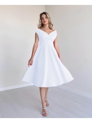 Queene Dreams Kadın Kısa Kollu Kruvaze Yaka Eteği Volanlı Krep Elbise