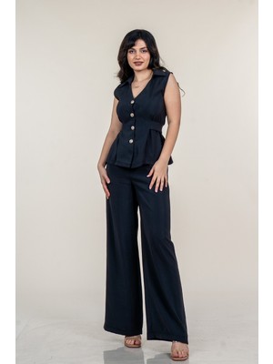 MissVina Arkadan Kemerli Yelek ve Beli Arkadan Lastikli Önden Fermuarlı Bol Paça Modal Pantolon 1290