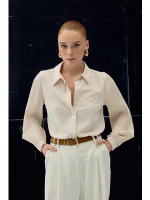 Sateen Pilise Kollu Gömlek - Bej