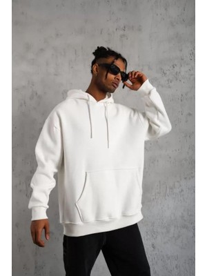 Erkek Düz Kapüşonlu Sweat - Beyaz